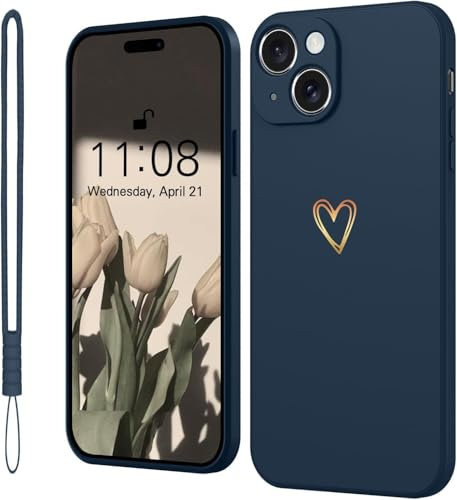 Mitetabo Handyhülle für iPhone 15 Hülle Silikon mit Gold Liebesherz, Mädchen iPhone 15 Case Weich Slim Stoßfest Kratzfeste Süßes Gold Love Schutzhülle für iPhone 15 6.1 Blau