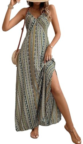 JENJON Mujer Vestido de Verano Sin Mangas Cuello en V Falda Larga Estampada de Tirantes Playa Vestido de Bohemio Elegante Vestido