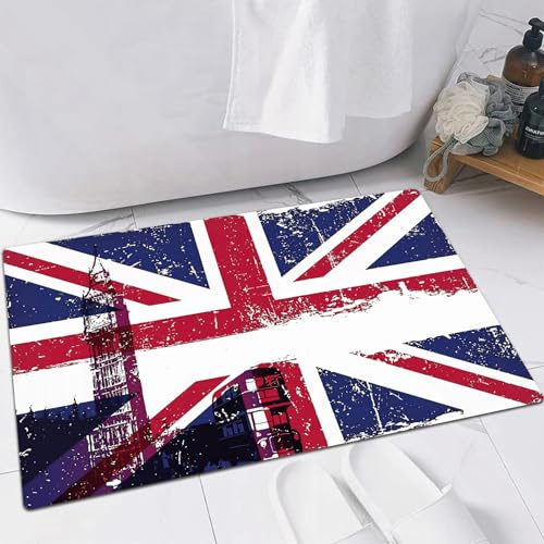 FSDGY Badvorleger Fußmatte Flauschig Teppich Badezimmerteppich Duschmatte für Bade & Wohnzimmer Schlafzimmer,Union Jack, Grunge im Alter von UK Flagge Big Ben,60x90 cm