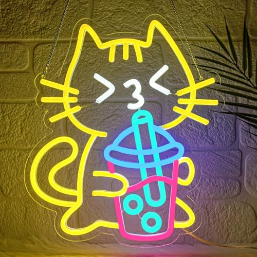 Lxmoneon Insegna al neon Cat Boba Tea insegna al neon gialla con gatto carino cartello luminoso a Bubble Tea light sign con luce al led per camera da letto bar caffetteria cucina ristorante festa
