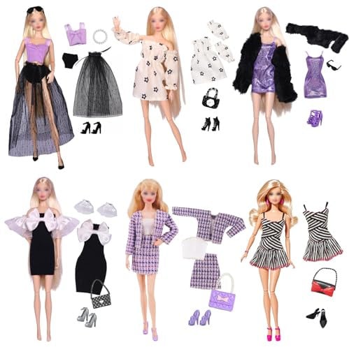 18 Stück Kleidung und Zubehör für 11,5 Zoll Puppen, mit 11,5 Zoll Puppen Exquisiter Stil mit 1 Lila Strapsrock 1 Modisches Gazerock 1 Elegantes Lila Karo Set 3 Kleid 2 Zubehör 4 Taschen 6 Schuhe