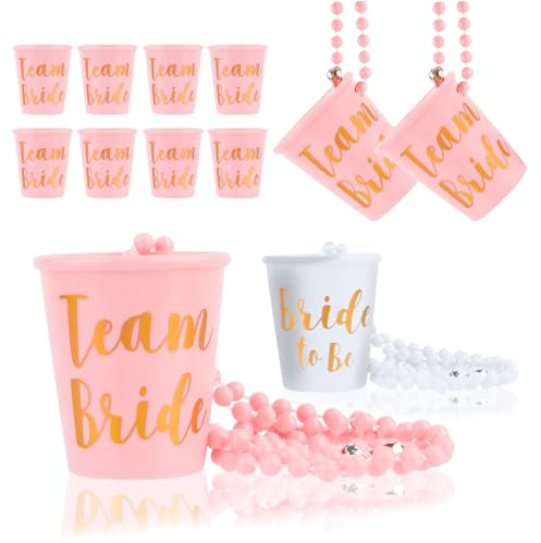 MINISOISO Gläser zum Junggesellinnenabschied,Schnapsgläser mit Kette zum Umhängen,12PCS Team Braut Schnapsglaskette Perlen Halskette Kunststoff Tassen für JGA, Hochzeitsfeiern, Karneval, Brautparty