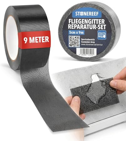 Fliegengitter Reparatur Set 5 cm x 9 m selbstklebendes Reparaturband | Zuschneiden, Folie abziehen, andrücken - das Loch im Fliegengitter ist in einer Minute zu