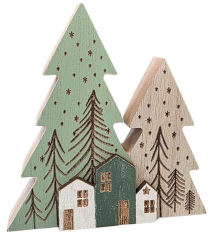 Dekofigur Holztanne & Häuser: Weihnachtsfigur Holz, Weihnachten, Advent & Winter, Weihnachtsfiguren zum Hinstellen, Tischdeko, Weihnachtsdeko Innen, Deko-Figur Fensterbank, Holzdeko, 13 x 12,5 cm