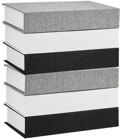 nbeads 6 Pcs Livres décoratifs pour la décoration de la maison, Faux Livres pour Bibliothèque Décoratifs Recouverts de Lin pour Bureau Bar Table Basse Bibliothèque de Ferme Rustique, Noir/Blanc/Gris