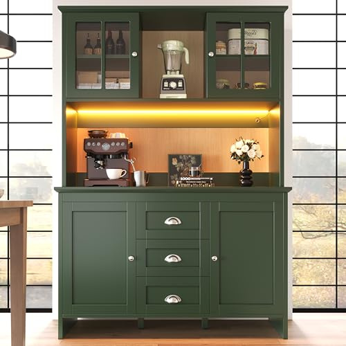 KUAKE Armoire de cuisine, buffet avec éclairage LED, buffet de cuisine avec 4 portes et 3 tiroirs, grand espace de rangement, pour cuisine, salon, salle à manger, 120 x 40 x 179 cm
