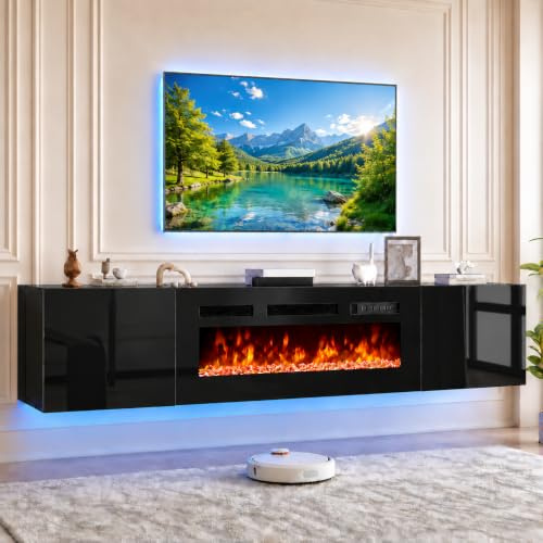 OneBlis - Floating TV Stand for 70 TV with 36 Electric Fireplace, Wall Mounted Entertainment Center with Storage for TVs up to 80, Console