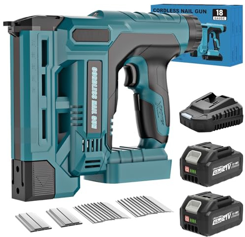 SINGTIP Clavadora Electrica Compatible con Baterías Makita de 18V, Actualización 2 en 1 18GA Pistola de Clavos con 2 Baterías de 4,0Ah y 1000 Clavos/Grapas, 6 Ajustes de Profundidad para Madera