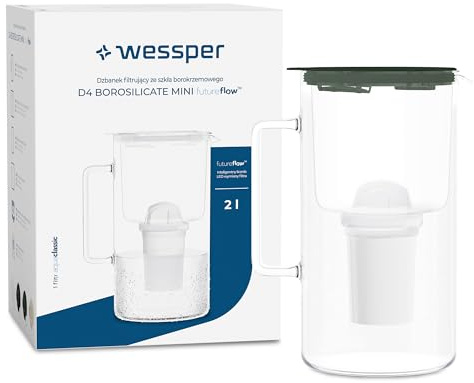 Wessper Carafe Filtrante en Verre avec Cartouches Filtrantes pour Eau Potable 2 l, Pichet en Verre avec Compteur de Filtre Intelligent, Kit comprenant 1x filtre à charbon actif- Vert