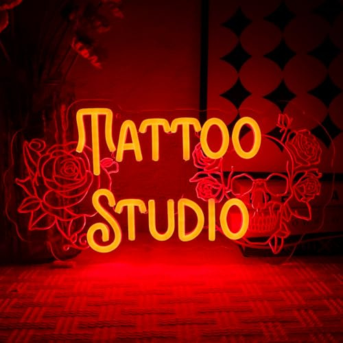 OYCGZV Tatuaje Studio Neon Schild Tattoowierung Neonschild Wand Rot Neon Sign USB Dimmbar Skelette Led Schild für Tattoo-Studio Party Spielzone Bar Männerhöhle Pub Geschäft