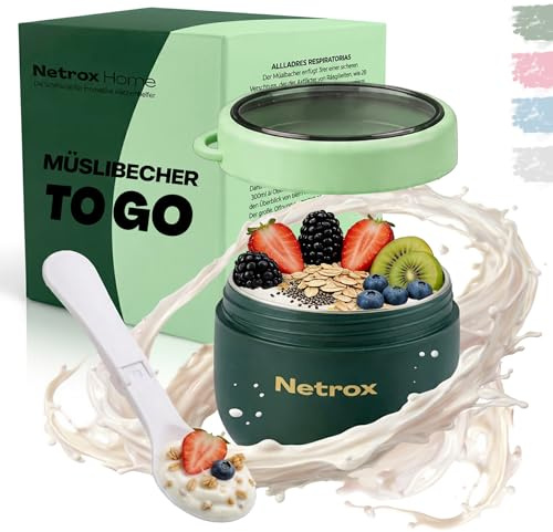 Netrox - Tazza Muesli To Go con Cucchiaio 600 ml – Contenitore Ermetico Isotermico Inox, Portapranzo per Cereali, Yogurt, Porridge, Zuppe – Senza BPA, Lavastoviglie – Bambini & Adulti