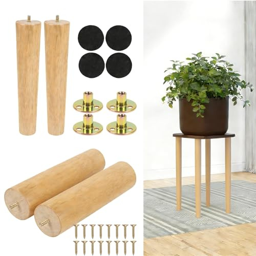 4 Stück Möbelbeine Holz, 8-50cm Runde Möbelfüße, Tischbeine aus Massivholz, Ersatz Schrankfüße mit Montageplatten und Schrauben, Robuste Beine für Kallax, Bett, Couch und Couchtisch(50cm)