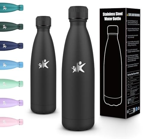 Motswedi Thermosflasche 500ml, Doppelwand Vakuum, Edelstahl Trinkflasche, Isolierte Wasserflasche, Trinkflasche Edelstahl, Leckdichte Flasche für die Schule,Büro, Fitness, Wandern, Schwarz-6C
