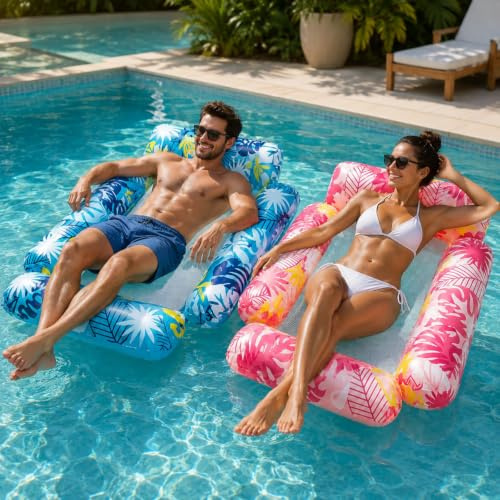 2 Stück Aufblasbare Pool Schwimmliege, 4-Rohr Wasserliege mit Netzliegefläche, Luftmatratze Pool Float für Erwachsene, Pool Lounge für Pool, Strand, Urlaub