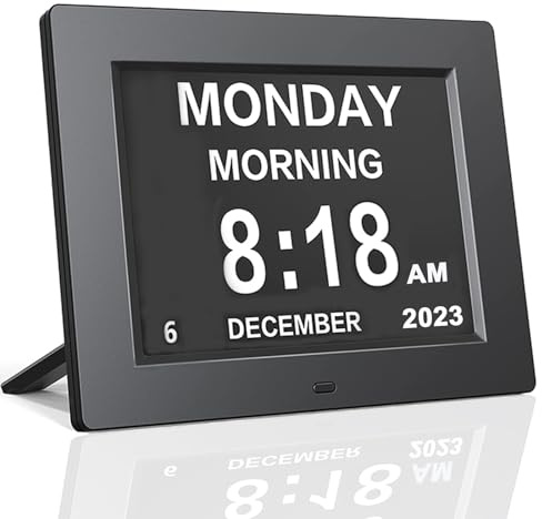 Johnziny Digital Calendar Day Clock- 8 Alarms,Dementia,Alzheimer,Memory Loss,Vision Impaired,Battery Backup Alarm Clock for Seniors/Elderly with Play Video/Photo Function