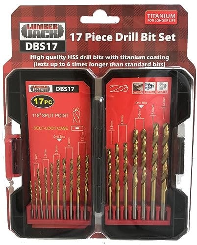 LUMBER JACK HSS Drill Bits Set, 17 Piece Titanium Coated Metal Drill Bits, Packed in Sturdy Storage Case, for Stainless Steel, Wood, Soft Metal