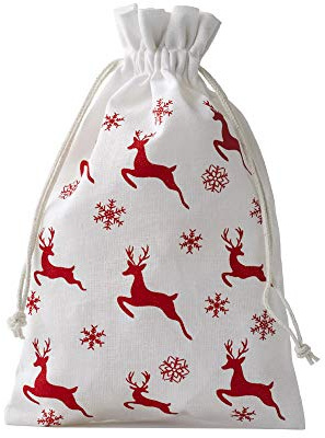 | 6 Baumwollsäckchen, Baumwollbeutel in weiss mit roten Rentier-Motiven, 100% Baumwolle mit Kordel, Adventskalender-Säckchen, Weihnachten, Geschenkverpackung, Dekoration, Deer (23x15 cm)