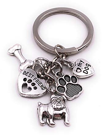 H-Customs Mops Dogge Hund Haustiert Best Friend Herz Tatze Knochen Silber Schlüsselanhänger Anhänger