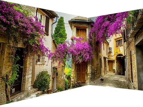murando Photo Wallpaper Architecture 539x250 cm / 212 x 98 Peel and Stick Self-Adhesive Corner Foil Print Wall Mural Angle Wallpaper Landscape Alley City Flowers Purple Buildings Cat d-B-0294-a-a