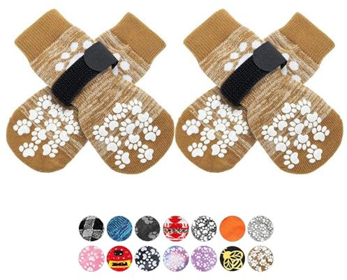 EXPAWLORER beidseitige rutschfeste Hundesocken - weicher und atmungsaktiver Pfotenschutz für Alle Hunde mit verstellbaren Riemen, Traktionskontrolle für Innenbereich auf den Holzboden, Kaki L