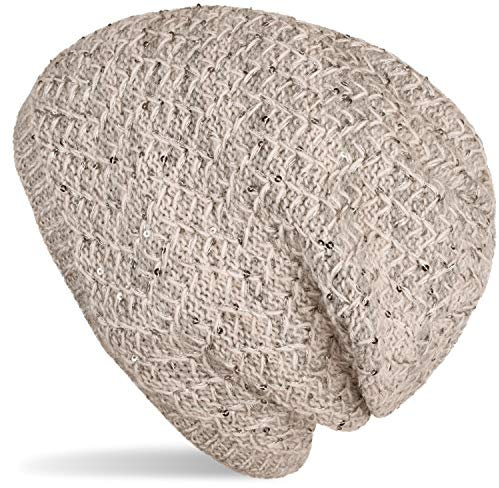 styleBREAKER Damen Strick Beanie Mütze mit Pailletten und Thermo-Fleece Futter, Winter Slouch Beanie 04024168, Farbe:Hellbraun