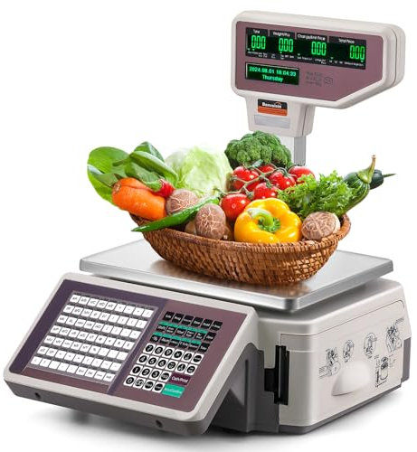 Bonvoisin Etikettendruckwaage 30kg Digitale Barcode-waage mit Etiketten&Bondrucker ENGLISCHES BEDIENFELD Strichcode-Druckwaagen Duae Anzeige für Supermarkt/Einzelhandel/Lagerwägen