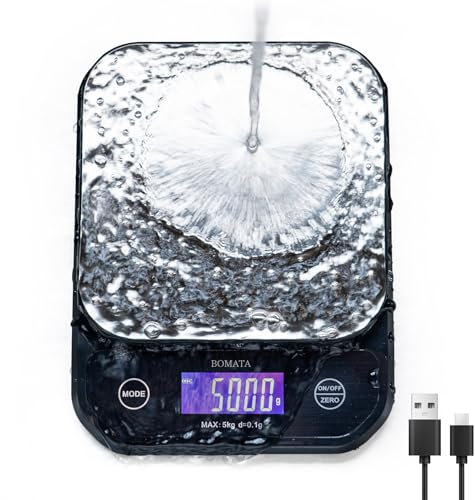 BOMATA - Bilancia per alimenti, super impermeabile, lavabile, 0,1 g, alta precisione, 5 kg, ricaricabile tramite USB, bilancia digitale da cucina per cucinare, cuocere al forno, perdita di peso, ecc.