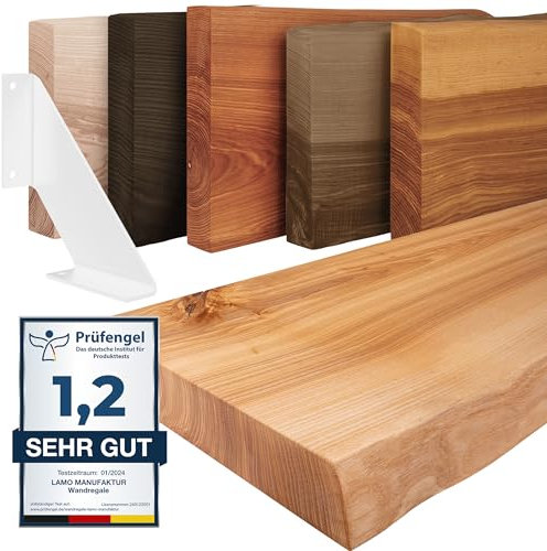 LAMO Manufaktur Wandregal Holz Baumkante | Regal Farbe: Natur | mit weißem Vintage Regalträger | 160 cm