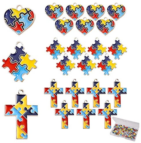 BENBO 24 Pieces Autism Charm Pendants, Mixed Jigsaw Puzzle Gold Plated Enamel Heart Square Cross Autistic Awareness Pendants Charms with Box for Necklace Bracelet Earring Keychains Craft Making