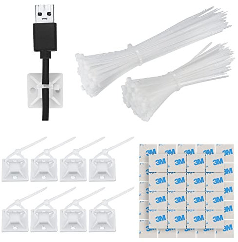 GOLDEROC 200 Pièces Serre-Câbles Plastique Blanc avec 100 Pièces Collier de Serrage Plastique, Attache Câble Adhésif, Auto Adhésif Supports Base pour la Maison et le Bureau
