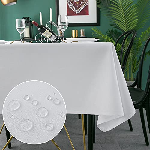 WELTRXE Square Table Cloth,140x140cm,Faux Linen Tablecloth,Water Resistant Spill Proof Wipeable Polyester Dining Table Cover for Cafe Restaurant Buffet Tabletop Decoration,White