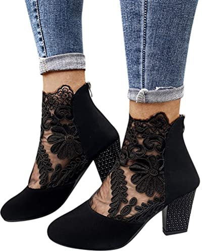 ORANDESIGNE Stivaletti con Tacco Spesso in Pizzo Cavo, Sandali Leggeri Estivi alla Moda da Donna Dietro Stivaletti Corti con Cerniera Punta Tonda Stivali A metà Polpaccio Scarpe B Nero 41 EU