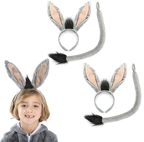 Eselsohren und -schwanz Kostüm-Set, 3 Stück, graue Eselsohren auf einem Haarreif und einem langen grauen Eselschwanz mit schwarzer Spitze, für Erwachsene und Kinder, Krippen-Kostüm-Zubehör-Set