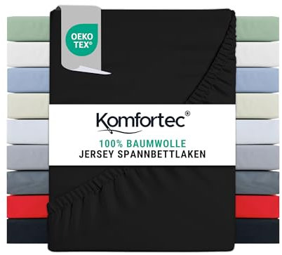 Komfortec Spannbettlaken Jersey 100% Baumwolle – 200x200 cm – 135g/m² – Weich, Atmungsaktiv & Hautfreundlich – Mit Rundumgummi – Oeko-Tex Zertifiziert – Für Boxspring, Topper & Matratzen – Schwarz
