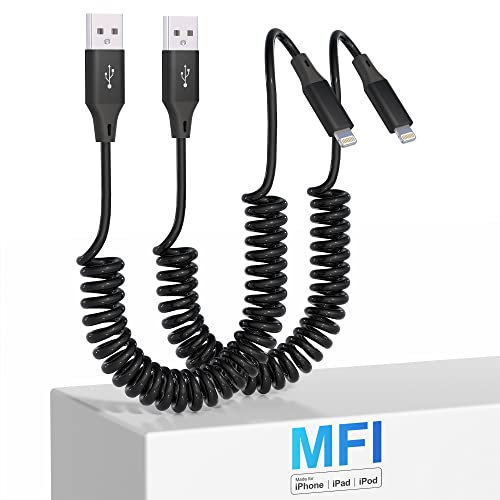KETAKY Plus Coiled Lightning Cable 2 Pack, Apple Carplay & MFi Certified, Retractable iPhone Charger with Data Transmission, Short iPhone Charger Cord for iPhone/Pad/Pod