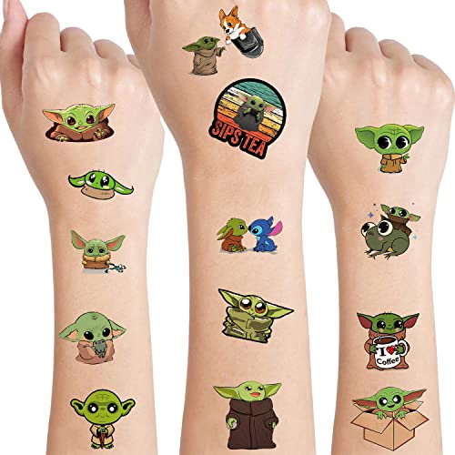 4 Blatt Baby Yoda Temporäre Tattoos für Kinder, Geburtstagsfeierzubehör Anime Cartoon Gefälschte Tattoos Aufkleber Partygeschenke für Kinder Jungen Mädchen Geburtstagsdekorationen Partyspiel