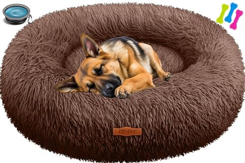 Lovpet® Hundebett Hundekissen Katzenbett Bagel, Waschbar, Inkl. Napf + 3X Kauknochen, Hundesofa flauschig Kissen Rund aus Plüsch für Kleine, Mittelgroße & Große Hunde, Katzen [3XL, Ø 100cm Braun]