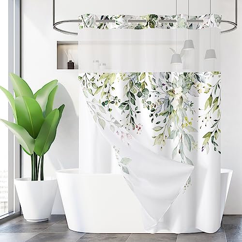 Gibelle Rideau de douche sans crochet avec doublure en tissu à clipser pour salle de bain, hôtel avec fenêtre supérieure transparente, imperméable et lavable, vert sauge, 183 x 188 cm