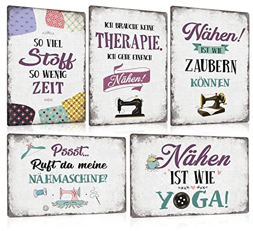 5er Set Nähen Vintage Blechschilder 20x30cm - Metallschild mit Nähmaschine Nähzeug Nadel Faden und Nähzubehör - Witzige Spruch Schild Wanddeko Geschenk für Nähzimmer Nähbegeisterte Nähstube