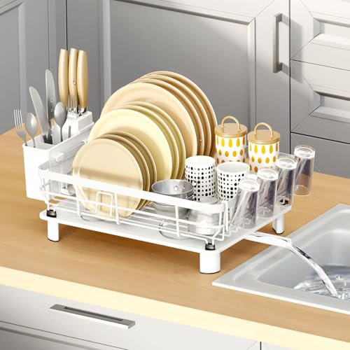 JOUING Escurreplatos Blanco Escurridor de Platos Acero Inoxidable Escurreplatos con Bandeja de Goteo Dish Drying Rack con Cesta para Cubiertos (Blanco, Grande)