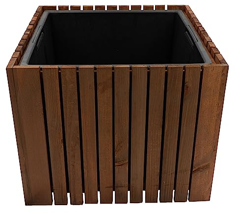 HRB Blumentopf Vintage eckig aus Echtholz braun, hochwertiger Holz Pflanztopf mit Kunststoffwanne mit 42 L Volumen für Innen und Außen, die Pflanzkübel haben EIN einzigartiges Design