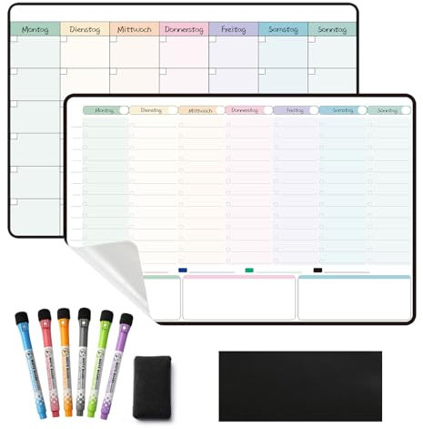 MCCORL Whiteboard Weekly Planner + Monthly Planner Wipe Clean Self-Adhesive for the Wall, Glass, Wood and Fridge (Any Smooth Surface) Family Planner, Hourly Planner, Household Planner in German