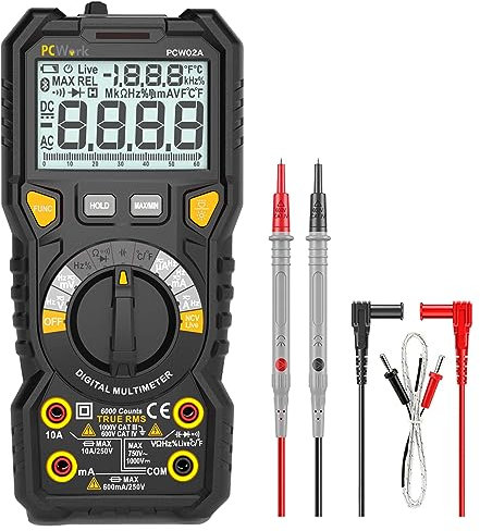 PCWork Profi Digital Multimeter PCW02A, Multimeter 1000V, TRUE RMS, Großes LCD Display, Auto-Range, Beleuchtete LED Buchsen, Strommessgerät, Spannungsmessgerät, Durchgangsprüfer, Kapazitätsmessgerät