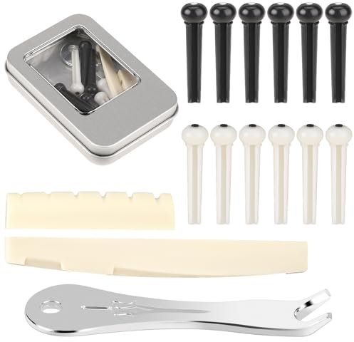 12 Pieces Guitar String Pegs Replacement Parts Tools Kits Acoustic Guitar Bridge Pins with 2 Pcs Guitar Bridge Saddle Nut and Bridge Pin Puller Remover