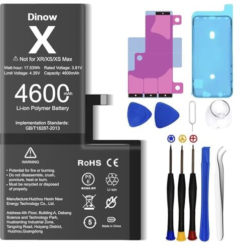 Batterie pour iPhone X, 4600mAh Batterie de Remplacement Polymère Li-ION Haute Capacité Compatible avec iPhone X(A1865 A1901 A1902), Batterie Interne pour iPhone X avec Kit d'Outils de Remplacement