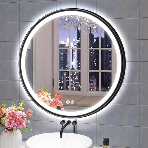 S'bagno Badspiegel mit Beleuchtung 600 mm, Spiegel Rund mit Beleuchtung mit Aluminiumrahmen, Entfoggen, 3000-6500K, HD-Gehärtetes Glas, IP44 Bad Spiegel mit Licht Memory-Funktion, Schwarz