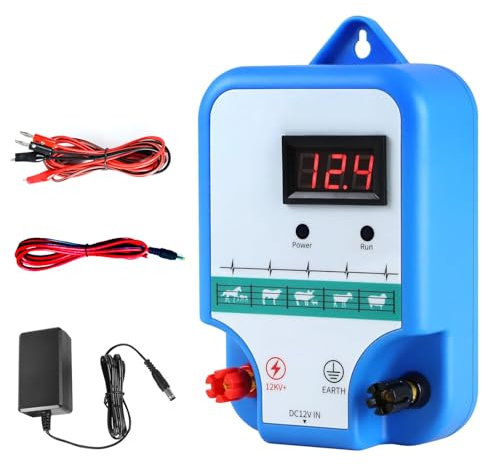 10KM Clôture électrique pour bétail, Électrificateur de clôture électrique, Contrôleur haute tension pour clôture pour moutons, bovins, chevaux et volailles Outil d'énergisation (Bleu)