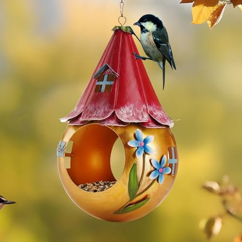 Muldale Solar Bird Feeder Fairy House - Hanging Copper Garden Ornament - Rustproof Novelty Hanging Bird Feeders - Metal Garden Art - Gift Boxed 25cm