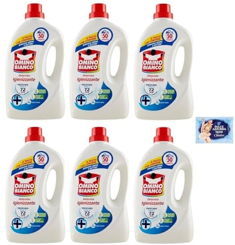 6x Omino Bianco Detersivo Lavatrice Igienizzante - detersivo liquido per lavatrice, Rispetta Colori e Tessuti - 50 lavaggi, 2000ml + 1 Confezione di Talco Felce Azzurra in omaggio, Busta da 100g