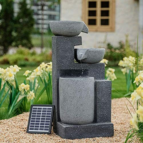 Fontaine d'eau de jardin intérieure/extérieure Fontaine d'extérieur à LED Fontaine d'extérieur à 3 niveaux en résine solaire Cascade en cascade pour terrasse, patio, porche, décoration de cour